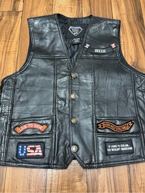 Diamond Plate Buffalo Leather Black Biker Vest w/ Patches Eagle Patch Mens Large